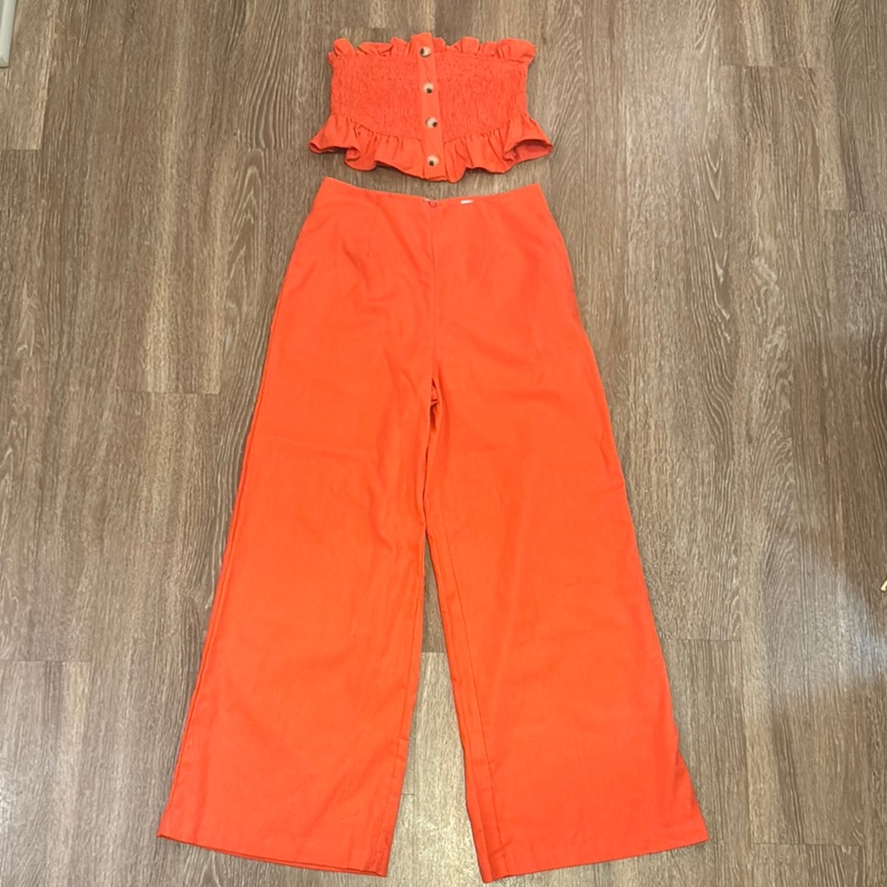 Women's Orange Linen Wide Leg Pants and Strapless Top Set NWOT